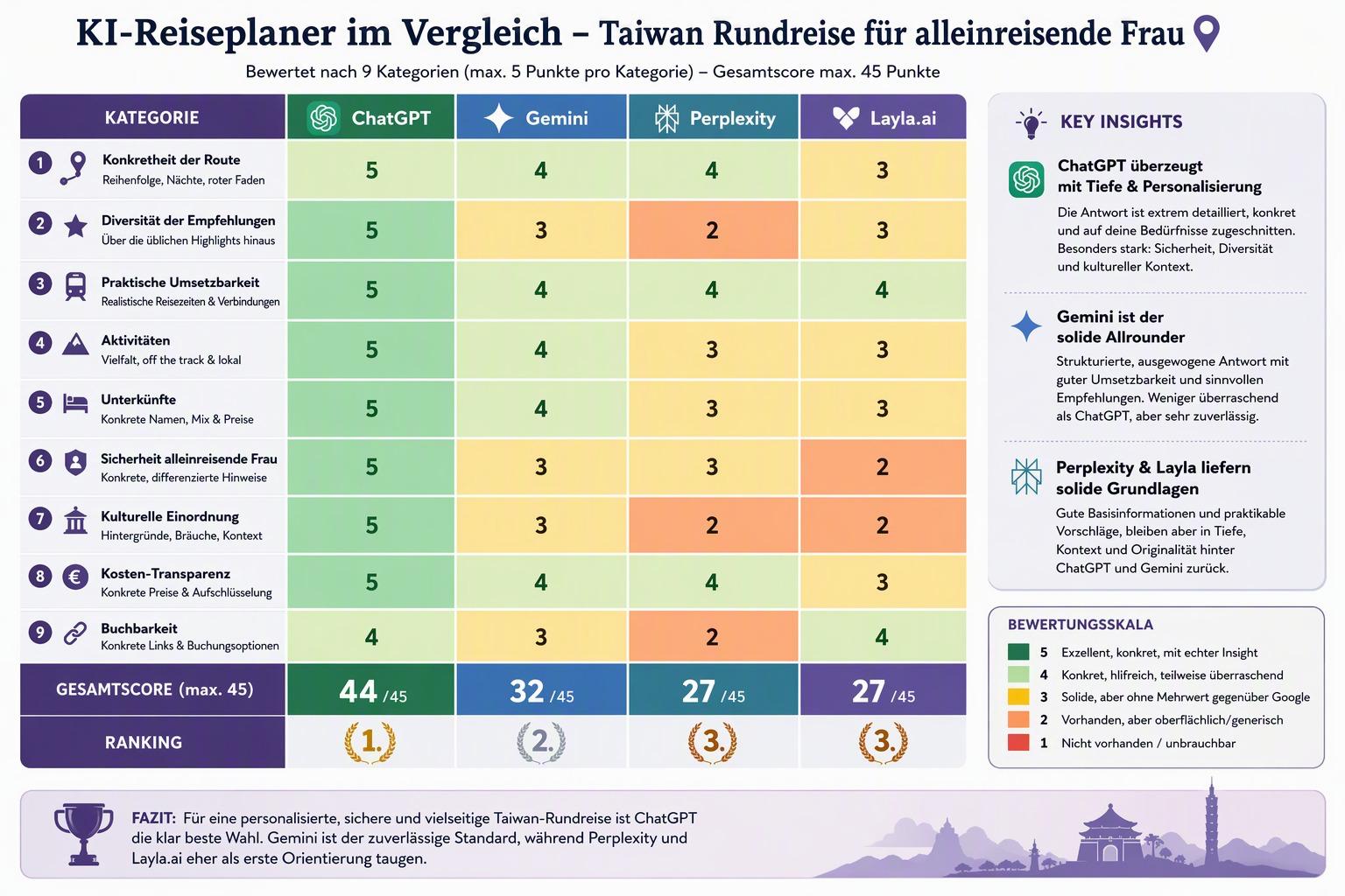 Bewertungsmatrix von ChatGPT, Gemini, Perplexity und Layla.ai in neun Kategorien der Reiseplanung, ChatGPT liegt mit 44 Punkten vorn